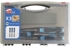 LEMAN - Coffret De 3 Ciseaux à Bois / Manche Bi-matière L.12/26/40mm + Pierre -Outillage Boutique coffret de 3 ciseaux a bois a manche bimatiere urethane