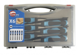 LEMAN - Coffret De 6 Ciseaux à Bois / Manche Bi-matière Largeurs 6 /10 /16 /20 /24 Et 30mm -Outillage Boutique coffret de 6 ciseaux a bois a coffret plastique